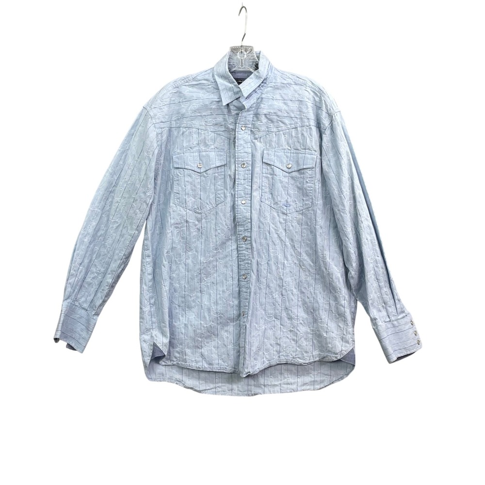 Roper Western Shirt Men's Medium Blue Paisley Stripe Pearl Snap Cowboy Rodeo